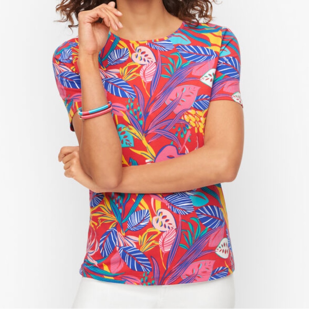 Talbots Pima Crewneck Tee - Tropical Jungle Leaves Print XLPetite